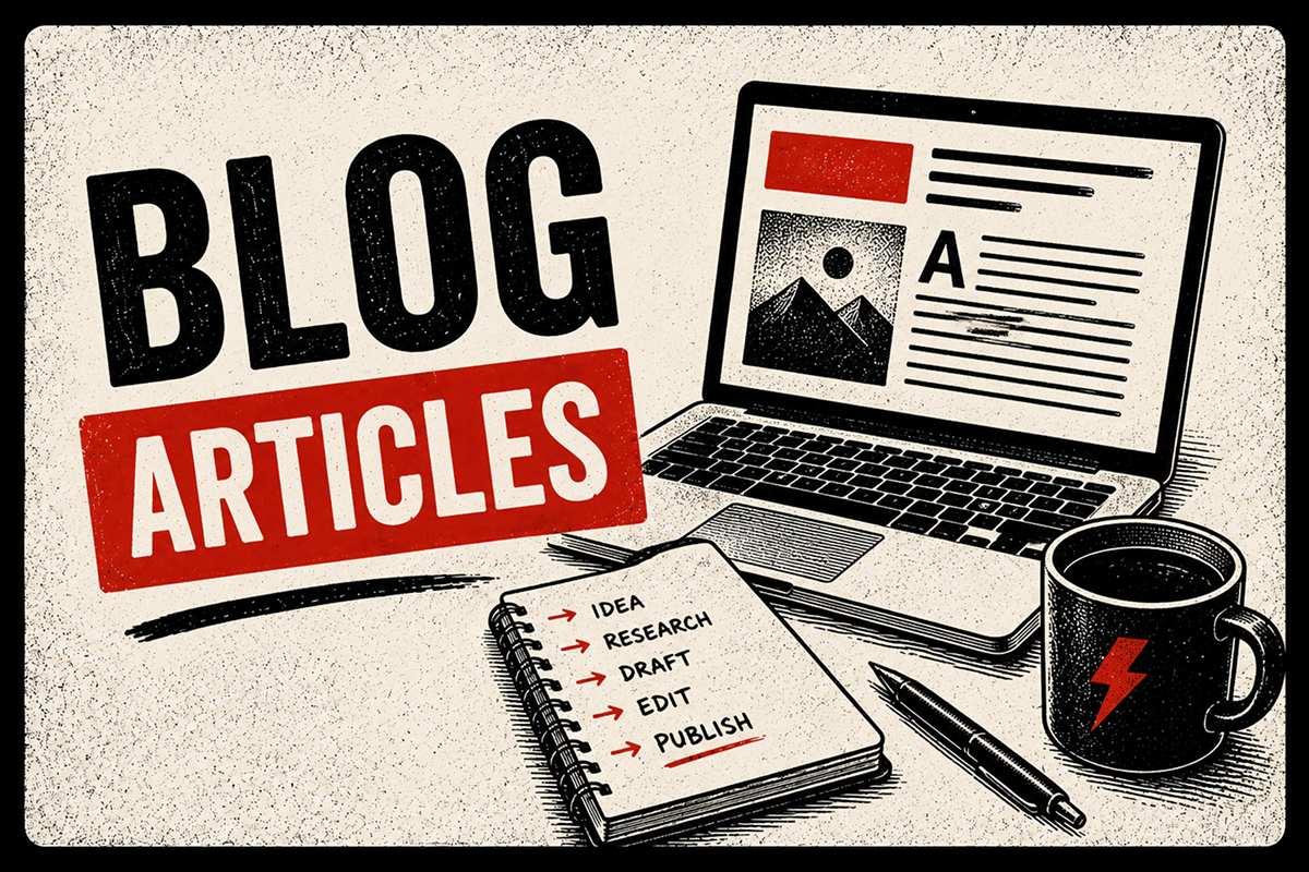 Retro-style Blog Articles thumbnail showing a laptop, notebook, pen and coffee mug.