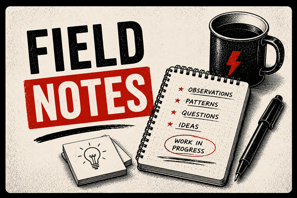 Retro-style Field Notes thumbnail showing a notebook, pen, coffee mug and work-in-progress notes.