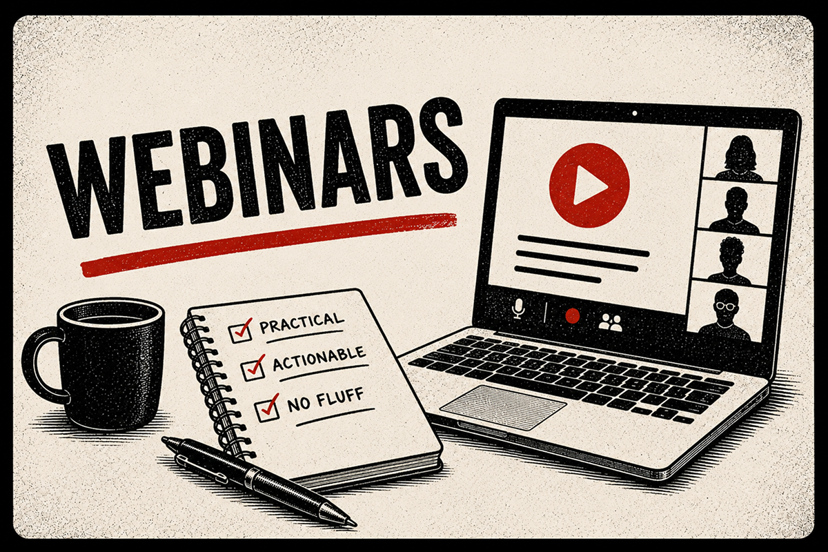 Retro-style Webinars thumbnail showing a laptop webinar interface, notebook and coffee mug.