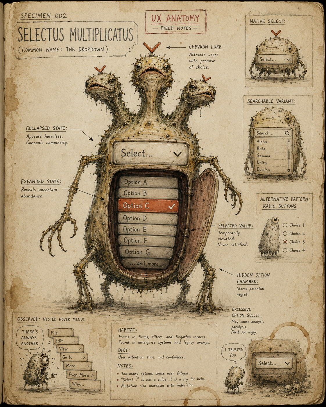 Illustrated UX Anatomy field-note page showing Selectus Multiplicatus, a strange three-headed creature representing a dropdown menu. Its belly opens to reveal stacked options, with sketches and notes about selected values, expanded states, searchable variants, radio button alternatives, and nested hover menu problems.