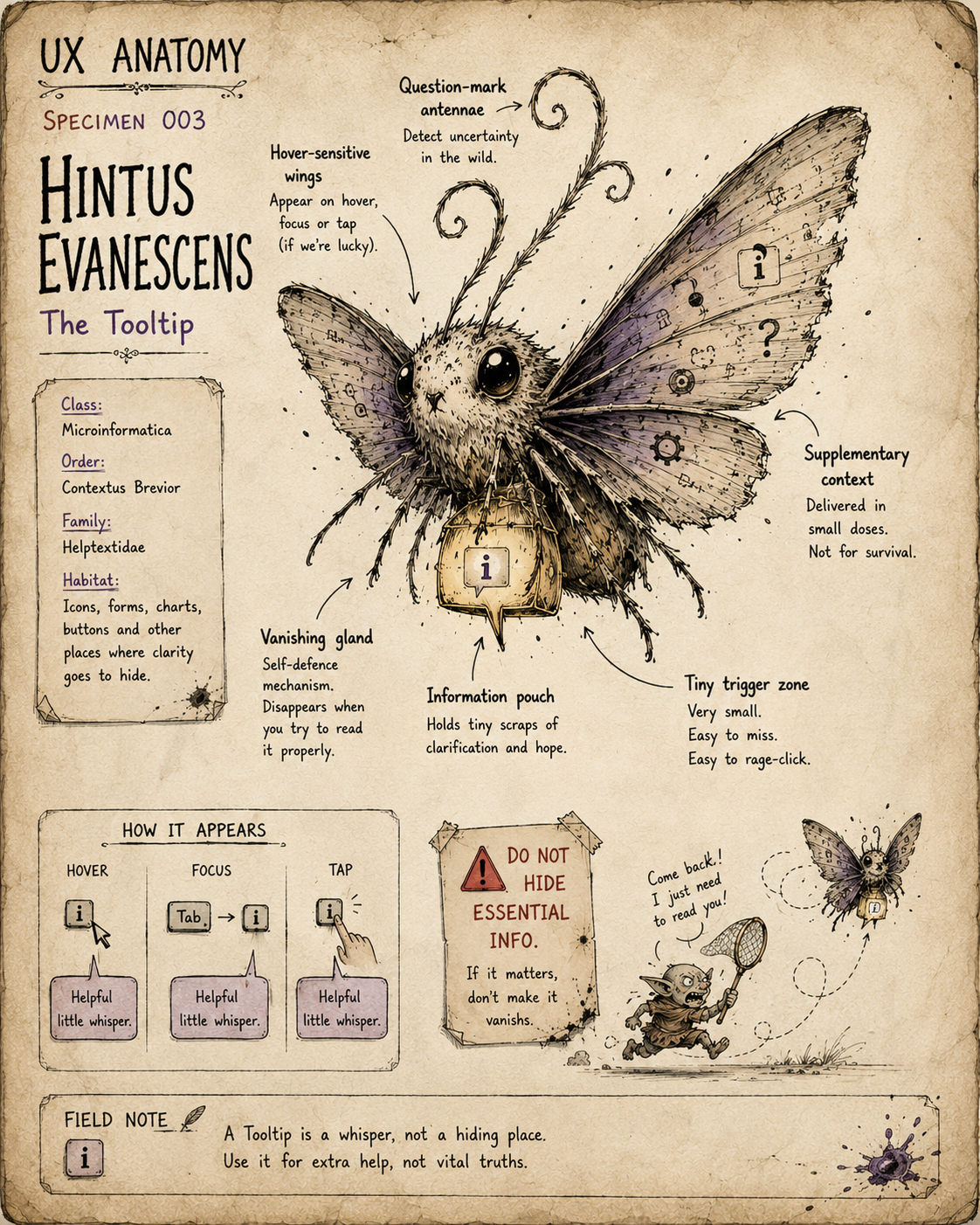 Illustrated UX Anatomy field-note page showing Hintus Evanescens, a moth-like creature representing the tooltip. The moth has question-mark antennae, hover-sensitive wings, an information pouch, and labelled anatomy notes, with small sketches showing hover, focus, and tap behaviour plus a warning not to hide essential information.