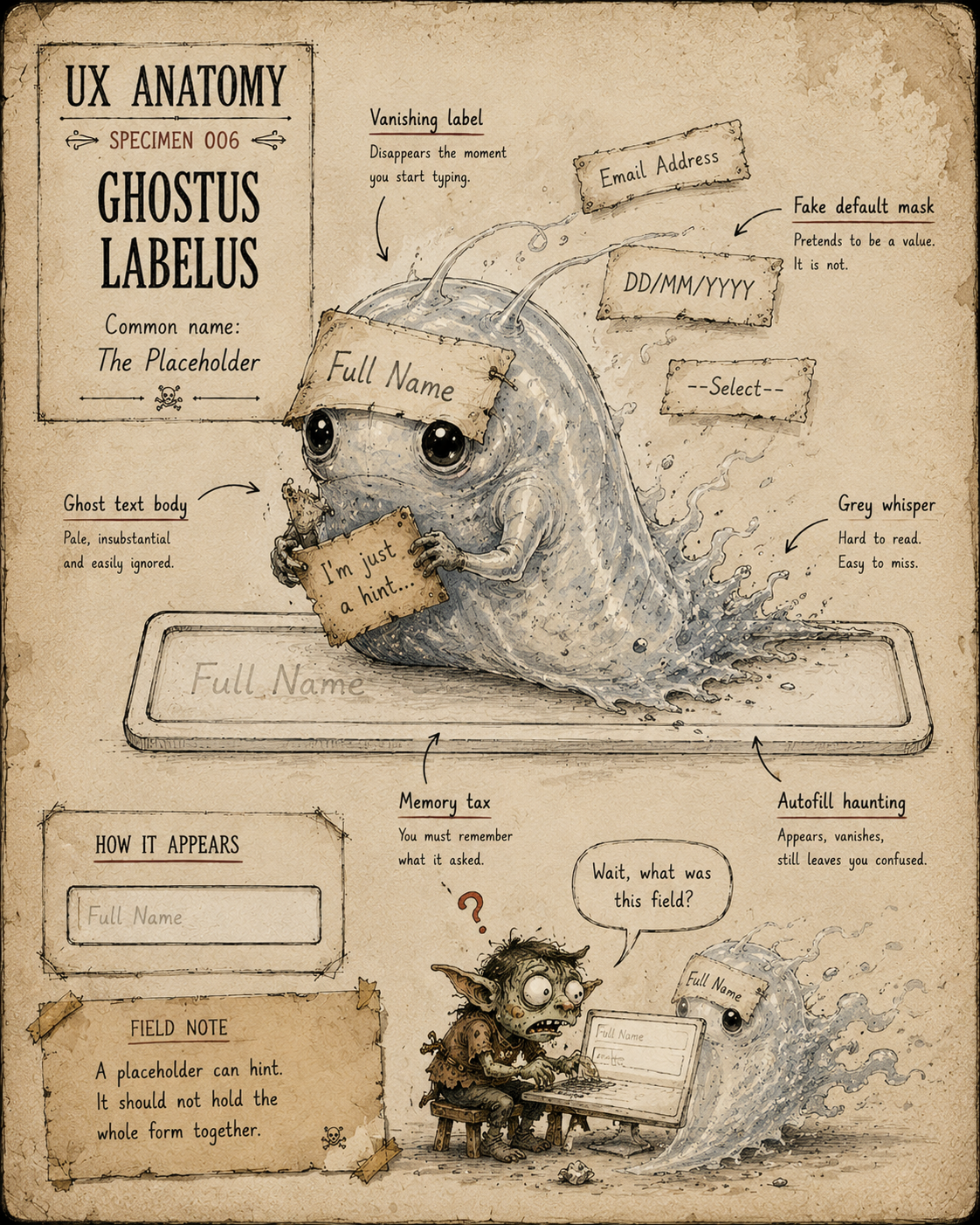 Illustrated UX Anatomy field-note page showing Ghostus Labelus, a pale ghost-slug creature representing the placeholder. It sits inside a form input field wearing a “Full Name” label mask, with floating placeholder scraps such as Email Address, DD/MM/YYYY and --Select--, plus notes about vanishing labels, fake defaults, grey whisper text, memory tax and autofill haunting.