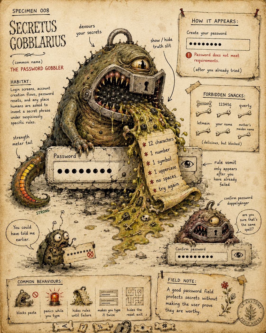 Illustrated UX Anatomy field-note page showing Secretus Gobblarius, a monstrous password gobbler creature representing the password field. It sits inside a cracked password input, devouring hidden password dots, with a padlock jaw, show/hide eye slit, strength meter tail, rule-vomit scroll, confirm password doppelgänger, forbidden password snacks, and notes about paste blocking, hidden rules and password recovery.